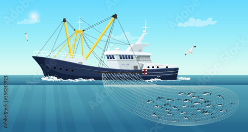 Commercial fishing ship with full fish net under water. Fishing boat working in ocean catching by seine food: tuna, herring, salmon. Industry vessel with yellow mast in seascape. Vector illustration