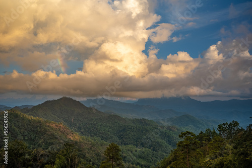 Majestic view of Doi Luang Chiang Dao in northern Thailand, the third highest mountain in Thailand, seen with beautiful dramatic clouds and colorful sky © kudosstudio