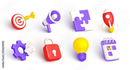 Isometric icon set. Innovation 3d design symbols for interface in app with different elements light bulb, megaphone, rocket, red lock, calendar. Web chat office buttons collection. Vector illustration