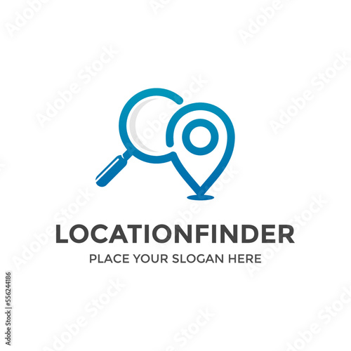Location finder or searching vector logo template. This design use position and magnifying glass symbol. Suitable for gps, navigation and travel.