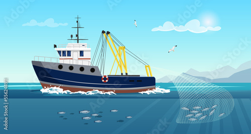 Commercial fishing ship with full fish net under water. Fishing boat working in ocean catching by seine food: tuna, herring, salmon. Industry vessels with yellow mast in seascape. Vector illustration