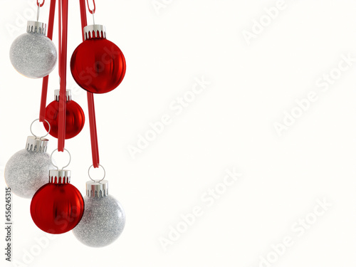 3D render of bundle of red and silver hanging glass balls