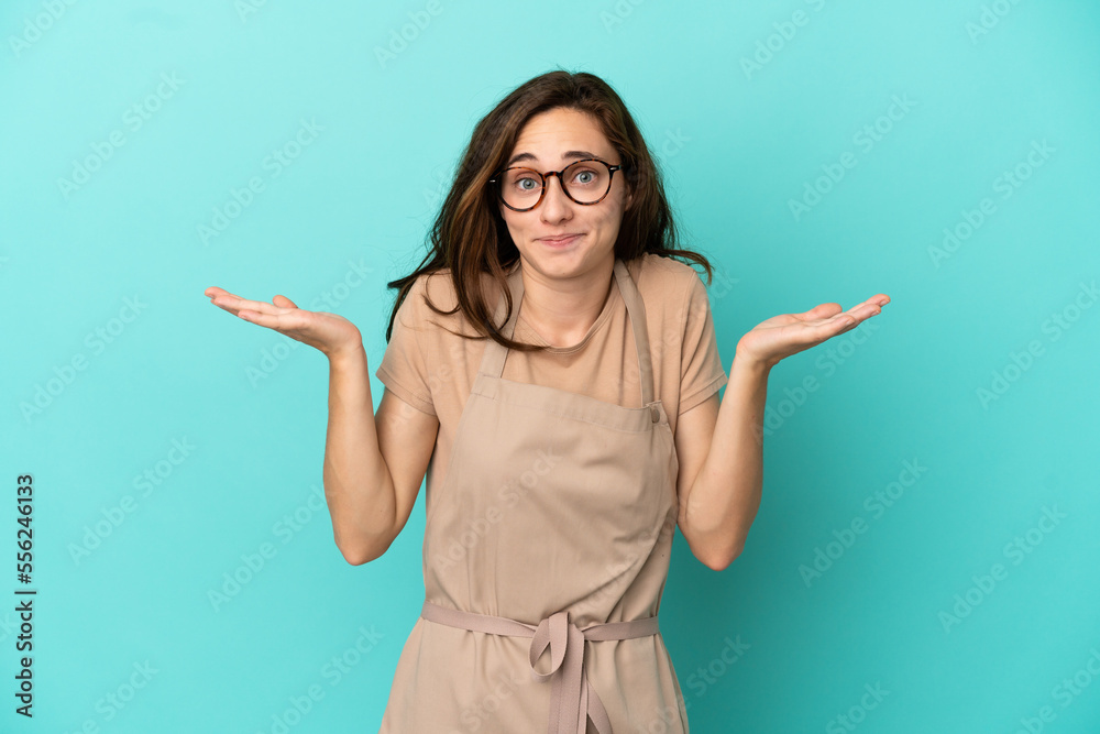 Restaurant waiter having doubts while raising hands