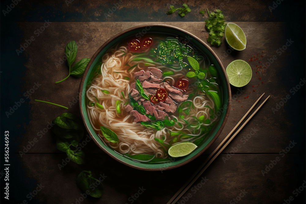 Pho, typical dish of Vietnamese food. Vietnamese cuisine. Generative AI