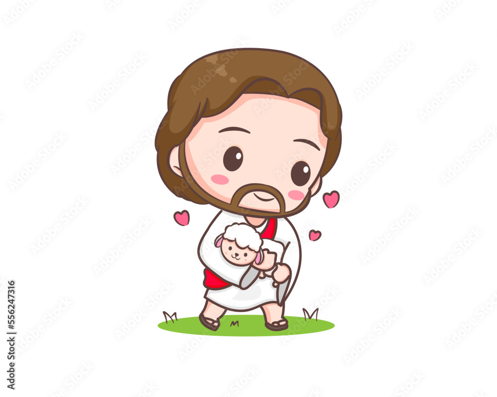 Cute Jesus Christ hugs the sheep cartoon character. Hand drawn Chibi character, clip art, sticker, isolated white background. Christian Bible for kids. Mascot logo icon vector art illustration Cute Jesus Christ hugs the sheep cartoon character. Hand drawn Chibi character, clip art, sticker, isolated white background. Christian Bible for kids. Mascot logo icon vector art illustration