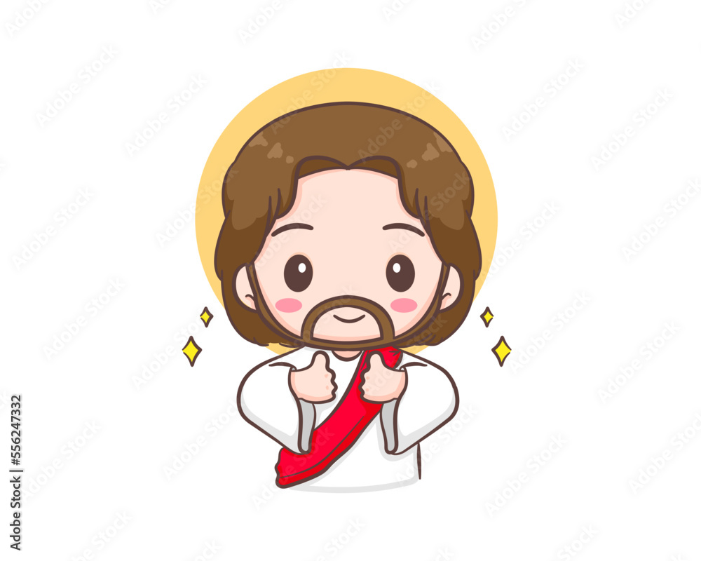 Cute Jesus Christ showing thumbs up cartoon character. Hand drawn Chibi character, clip art, sticker, isolated white background. Christian Bible for kids. Mascot logo icon vector art illustration Cute Jesus Christ showing thumbs up cartoon character. Hand drawn Chibi character, clip art, sticker, isolated white background. Christian Bible for kids. Mascot logo icon vector art illustration