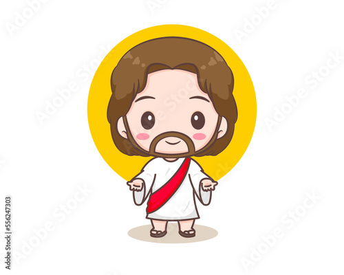 Cute Jesus Christ with open hands cartoon character. Hand drawn Chibi character, clip art, sticker, isolated white background. Christian Bible for kids. Mascot logo icon vector art illustration
