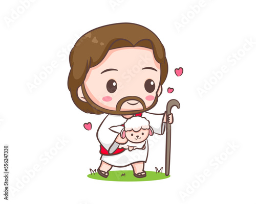 Cute Jesus Christ and the sheep cartoon character. Hand drawn Chibi character, clip art, sticker, isolated white background. Christian Bible for kids. Mascot logo icon vector art illustration