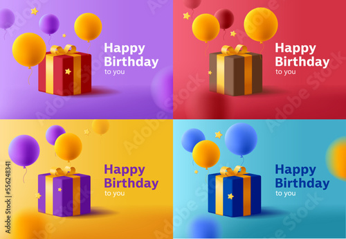 Set of cards with gift box illustration with round balloons in different colors