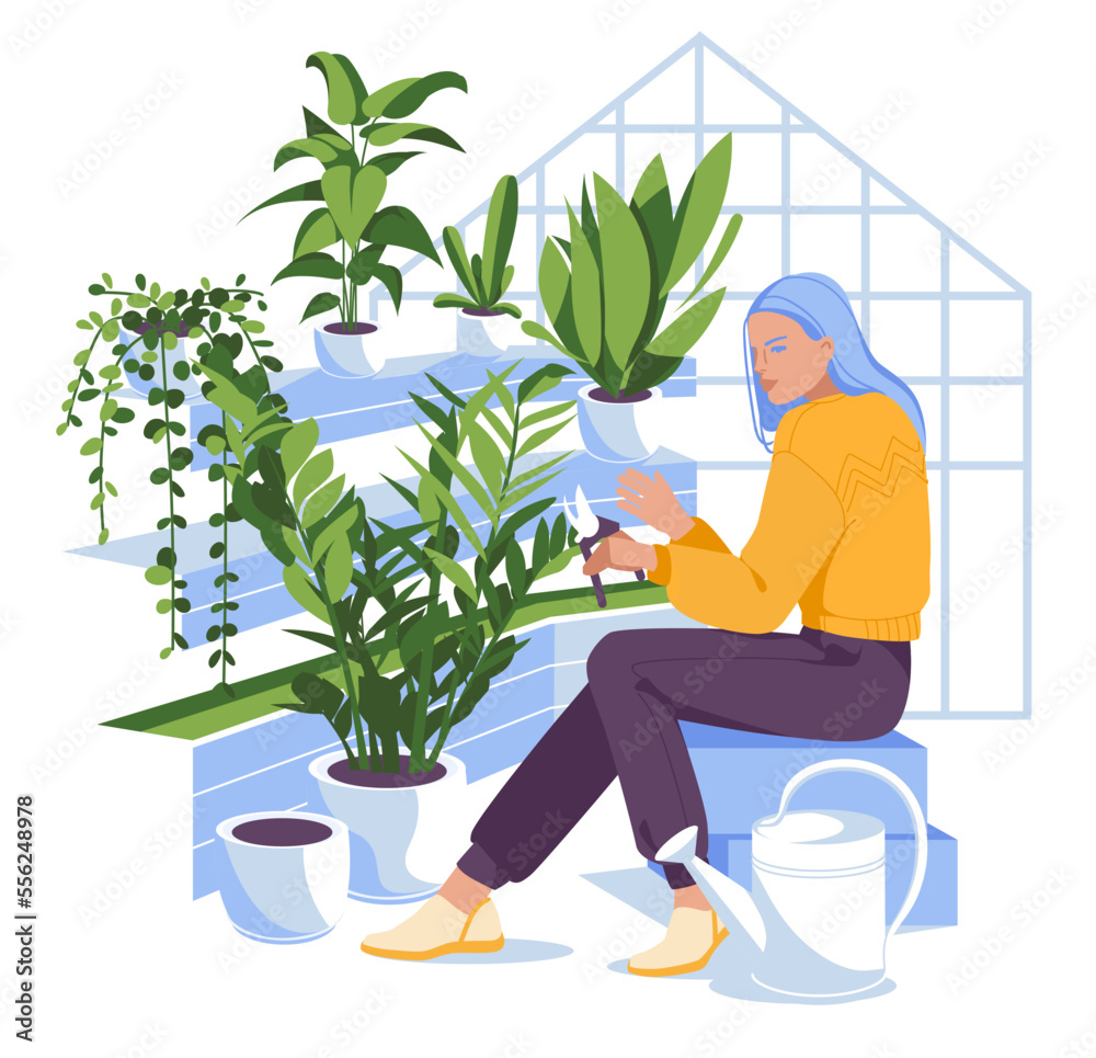 Fototapeta premium The girl takes care of the flowers in the greenhouse. Home gardening and concept of planting indoors. Flat vector illustration