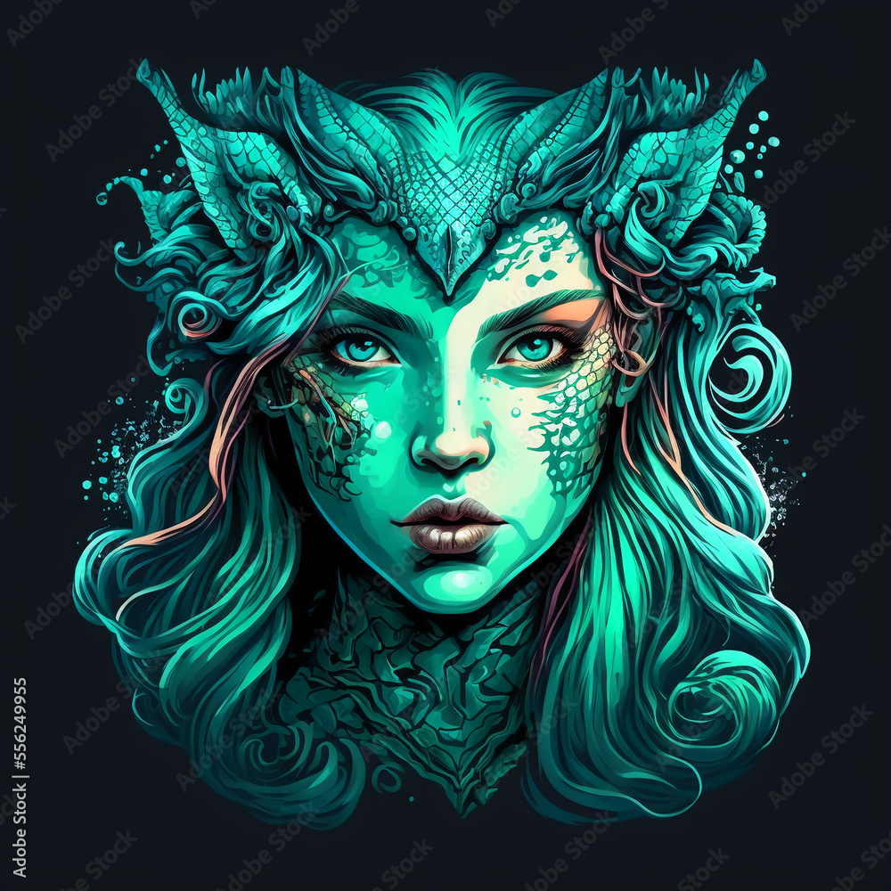  Mermaid face vector illustration for logo or design. Generative AI.