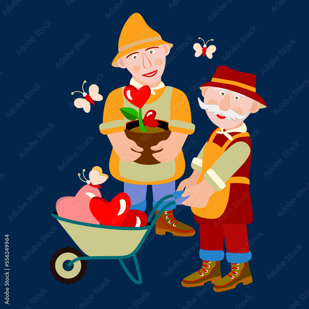 Vector - two gardeners with growing hearts. Vector - two gardeners with growing hearts.