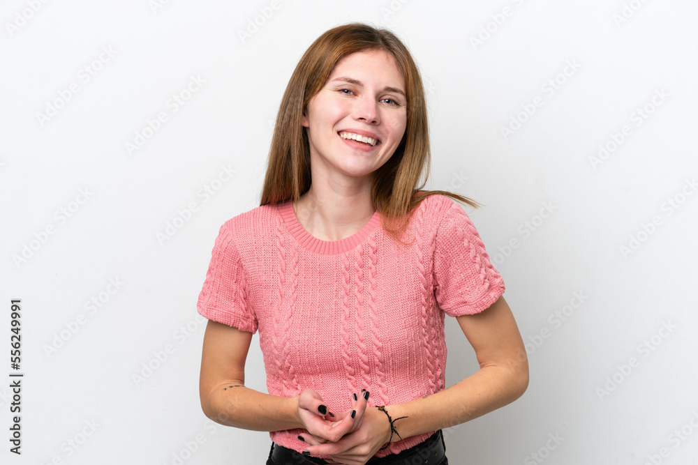 Fototapeta premium Young English woman isolated on white background laughing