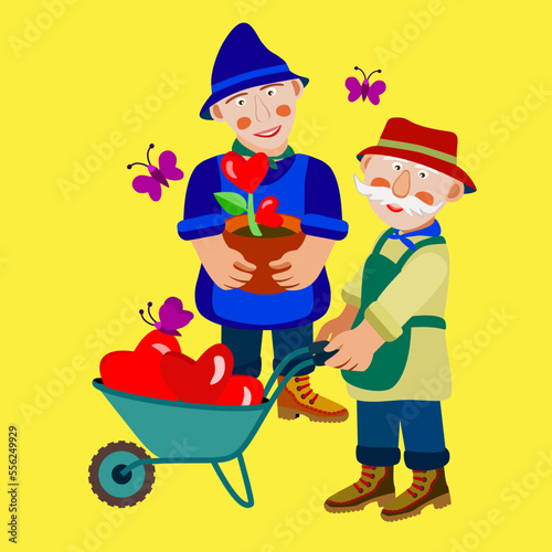 Vector - two gardeners with growing hearts.