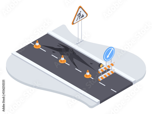 Isometric cracked city road. Urban city asphalt road under construction, road fenced with security signposts and barriers 3D vector illustration. Danger road section