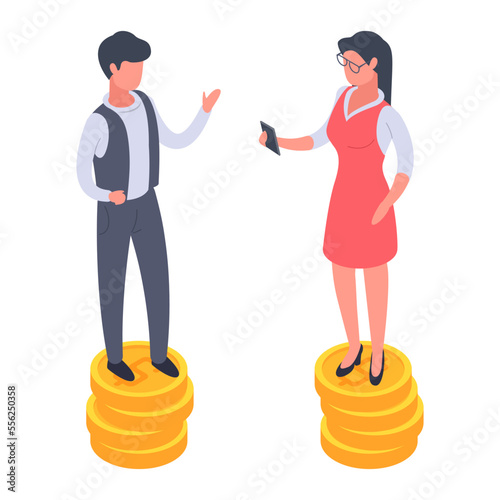 Isometric businessman and businesswoman salary equality. Office workers standing on dollar coins stacks flat vector illustration on white background