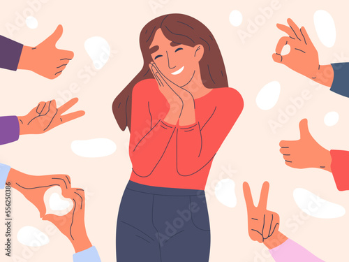 Woman positive approval. Female person surrounded public positive respect opinion and acceptance flat vector illustration isolated on white background