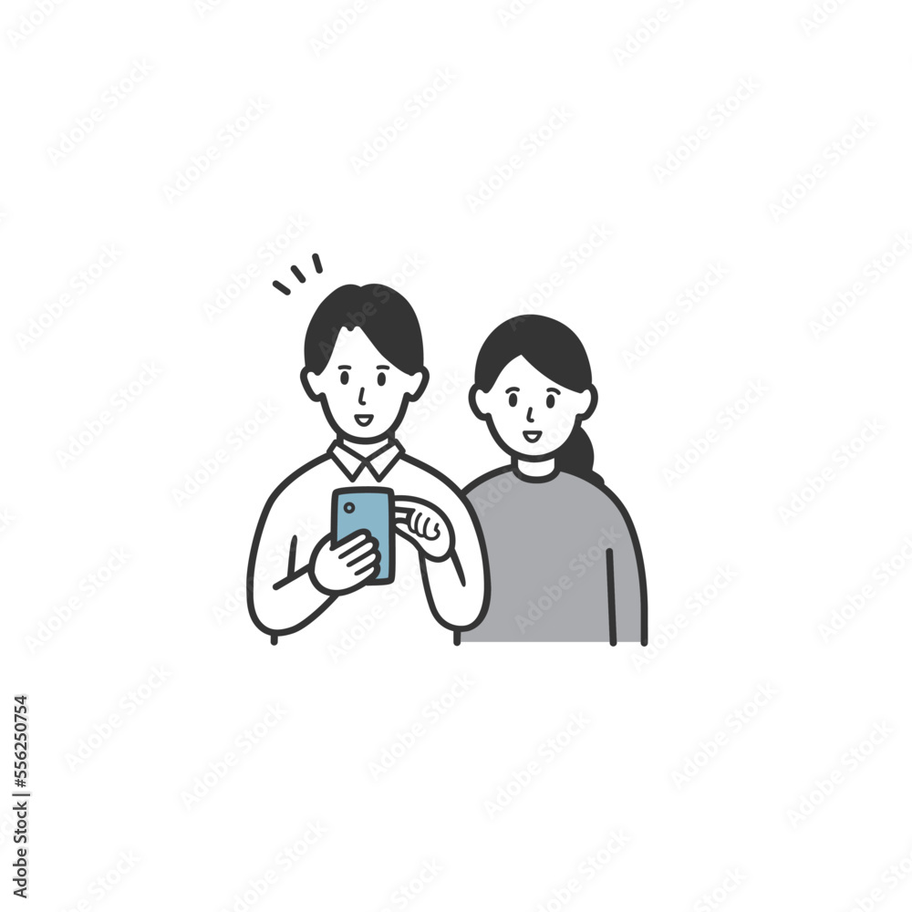 携帯電話を見る若い夫婦のイラスト 携帯電話を見る若い夫婦のイラスト
