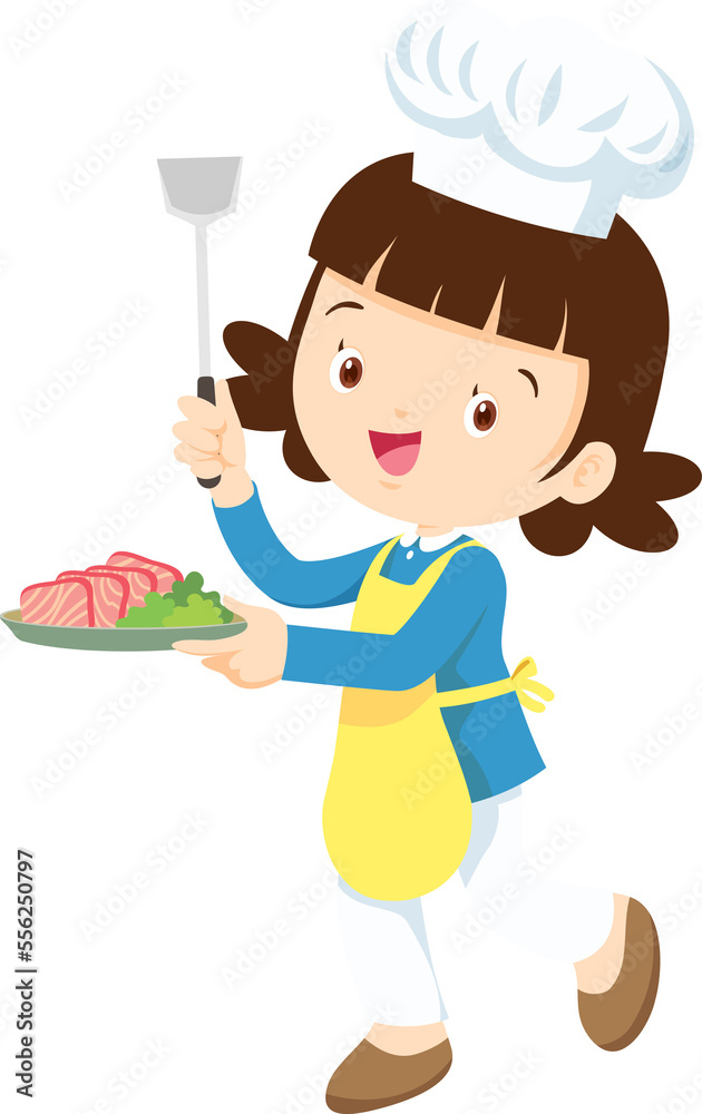 Cooking children girl Little kid making delicious food professional chef