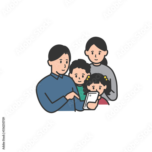 携帯電話を見る家族4人のイラスト