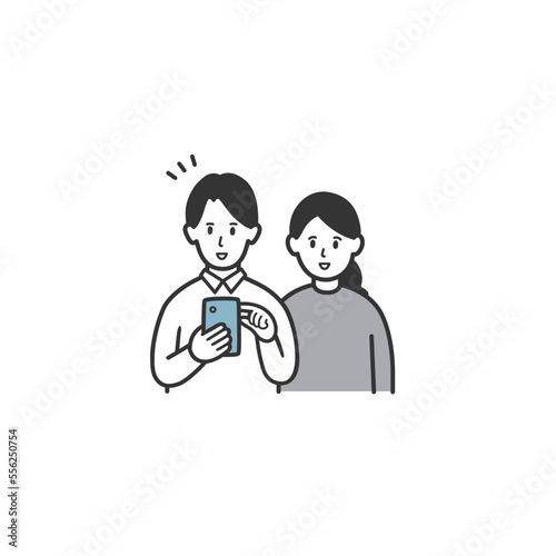 携帯電話を見る若い夫婦のイラスト