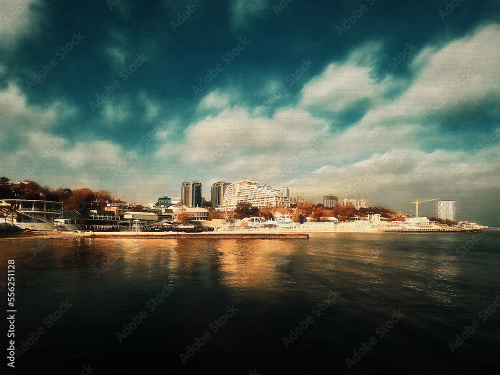 Naklejka premium City by the sea, blue sky and white clouds. Illustration