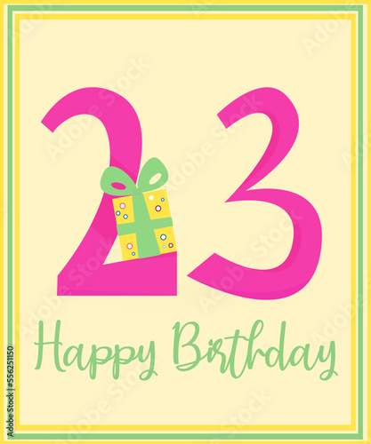 happy birthday twenty three years greeting card template with gifts text. Vector illustration in flat style
