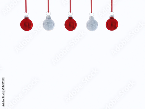 3D render of row of red and silver christmas balls hanging on ribbons