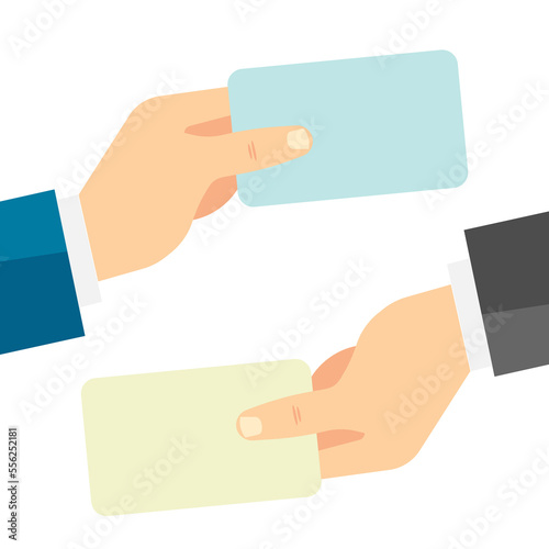 Hand business card icon flat web sign symbol logo label set.Two men's hands are holding business cards. Template flat illustration of businessman's hands and blank cards. jpg isolated on white backgro