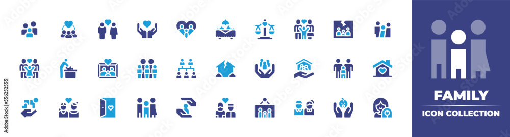 Family icon collection. Vector illustration. Containing family, solidarity, couple, heart, family meal, justice scale, baby changing, family tree, broken family, refugee, home, baby, and more.