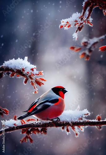 Beautiful bullfinch sitting on a tree branch covered with snow, winter forest background with snowfall, AI generated image