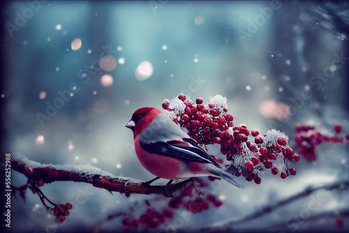Beautiful bullfinch sitting on a tree branch with red berries and snow, snowy winter forest background, AI generated image © Eva