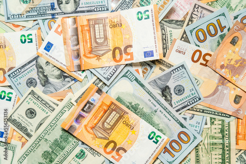 Background щf money pile dollar and euro bills
