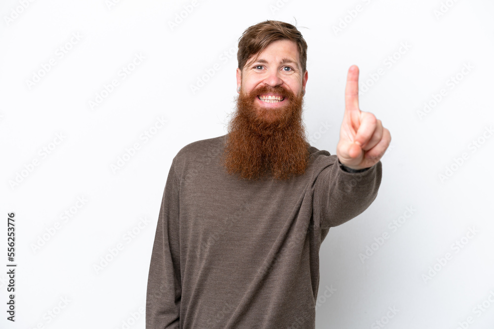 Redhead man with beard isolated on white background showing and lifting a finger Redhead man with beard isolated on white background showing and lifting a finger