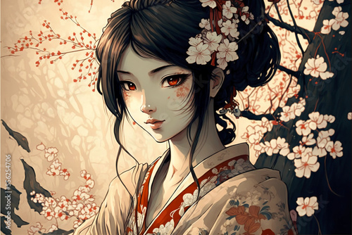 Beautiful Japanese young woman. Illustrated drawing. Digital art. Generative AI.