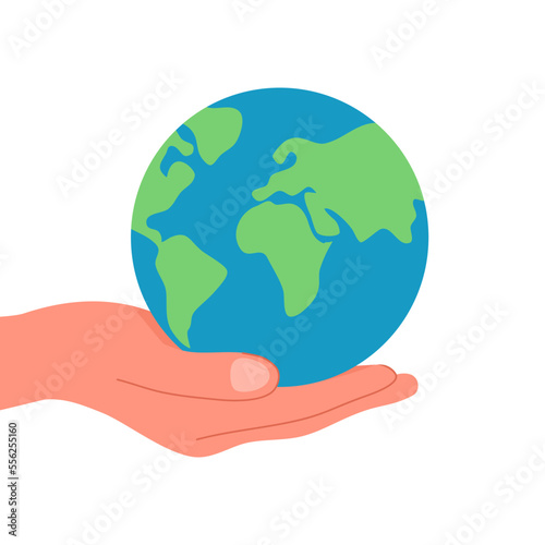 Hand holding earth globe in flat design on white background.