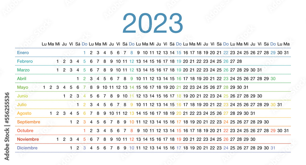 Calendar for 2023 in Spanish language. The week starts on Monday. Stock ...