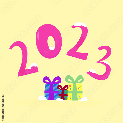 happy new year postcard template. Cute numbers and gift boxes in the snow. Vector illustration in flat style