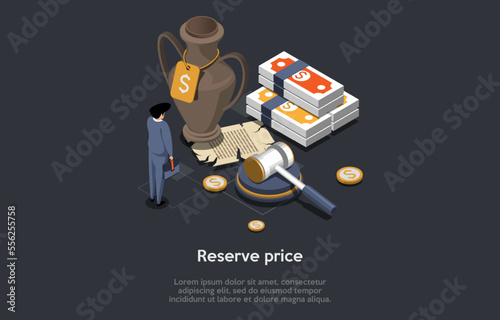 Concept Of Reserve Price. Online Auction Bids Scene With Auctioneer Making Sales Announcements And People Offering Prices Of Antique Vase With a Fixed Price. Isometric 3d Cartoon Vector Illustration