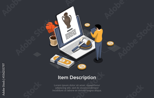 Item Description Concept. Online Auction Bids Scene With Auctioneer Making Sales Announcements And People Offering Prices Of Antique Vase With a Fixed Price. Isometric 3d Cartoon Vector Illustration