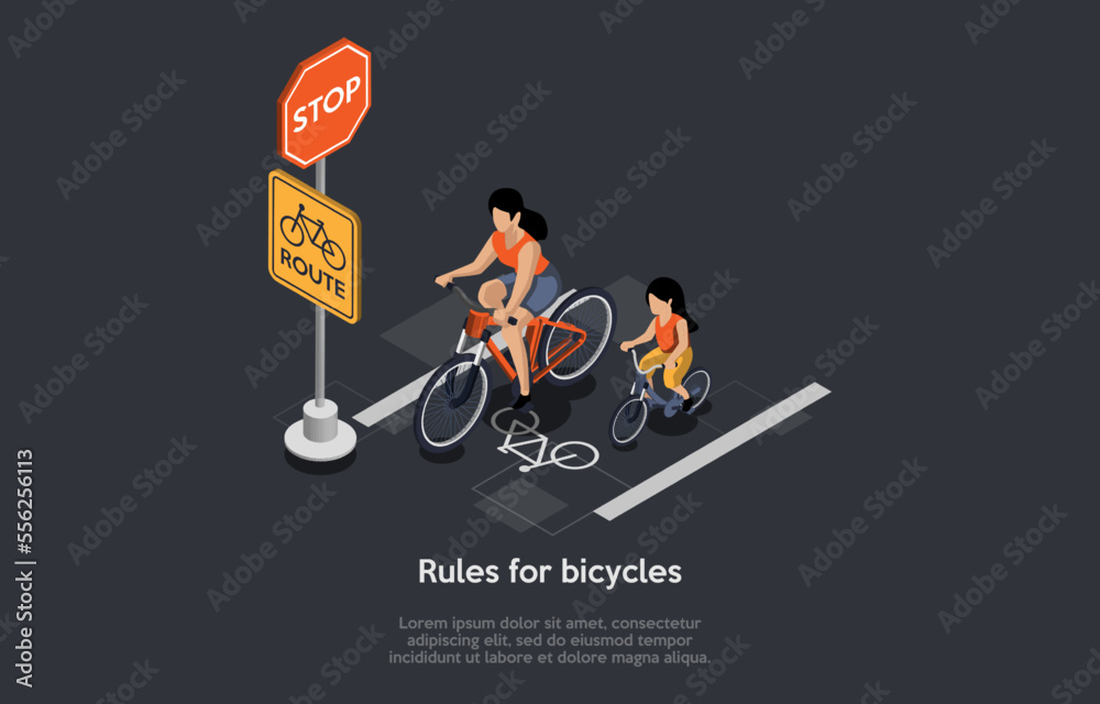 Concept Of Cycling And Healthy Lifestyle. Mother And Girl Riding Bicycle. Mother And Daughter Learn Rules Of Ridng Bicycle for Safe Commuting In The City. Isometric 3d Cartoon Vector Illustration