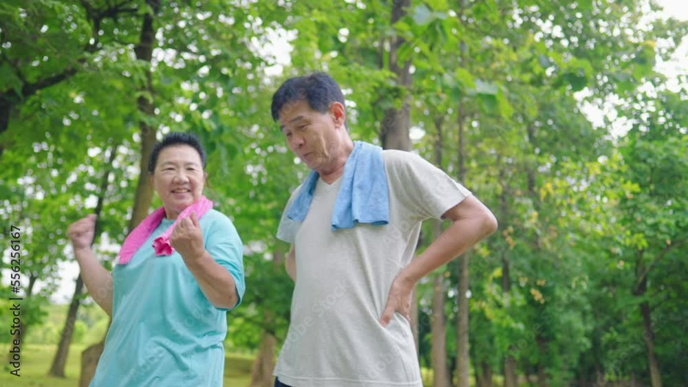 Happy smiling mature senior couple doing warm up exercises for morning run together at forest park. Concept of healthy lifestyle, fitness, recreation, couple goals, well being, retirement elderly Happy smiling mature senior couple doing warm up exercises for morning run together at forest park. Concept of healthy lifestyle, fitness, recreation, couple goals, well being, retirement elderly