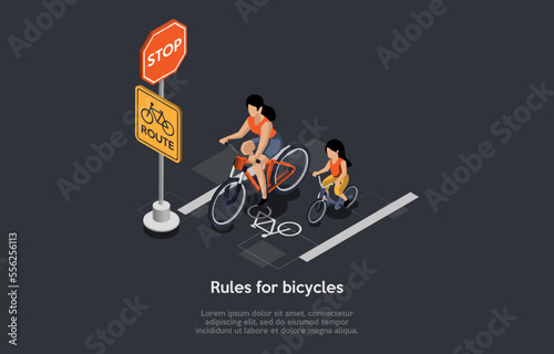Concept Of Cycling And Healthy Lifestyle. Mother And Girl Riding Bicycle. Mother And Daughter Learn Rules Of Ridng Bicycle for Safe Commuting In The City. Isometric 3d Cartoon Vector Illustration