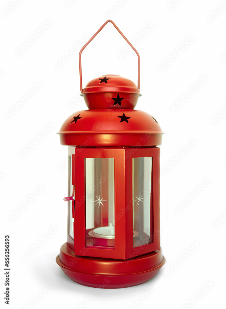 Decorative red Christmas lantern on a white background. The subject of New Year's decor as a design element Decorative red Christmas lantern on a white background. The subject of New Year's decor as a design element
