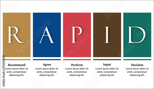 RAPID Decision-making Model with icons in an Infographic template. Recommend, Agree, perform, input, decide. 