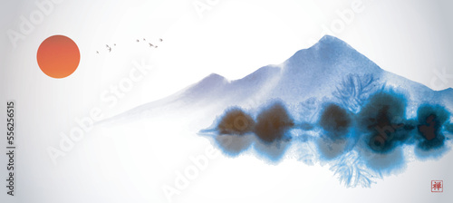 Red sun, symbol of Japan and blue island with mountain and forest trees reflecting in water. Traditional oriental ink painting sumi-e, u-sin, go-hua. Translation of hieroglyph - zen