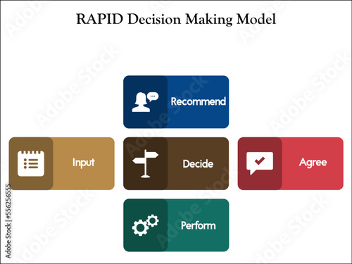 RAPID Decision-making Model with icons in an Infographic template. Recommend, Agree, perform, input, decide. 