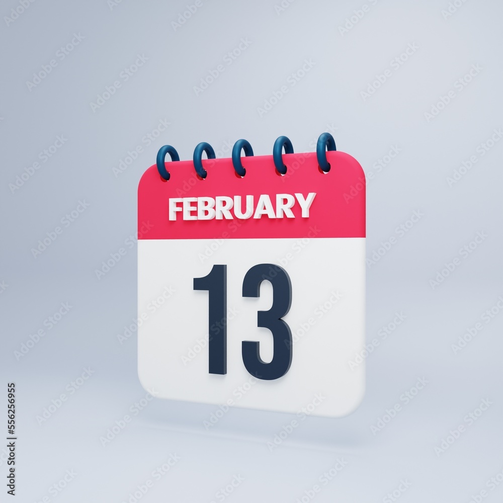 February Realistic Calendar Icon 3D Illustration Date February 13