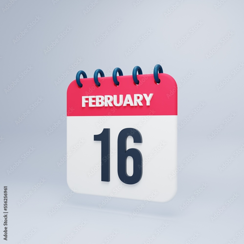 February Realistic Calendar Icon 3D Illustration Date February 16 February Realistic Calendar Icon 3D Illustration Date February 16