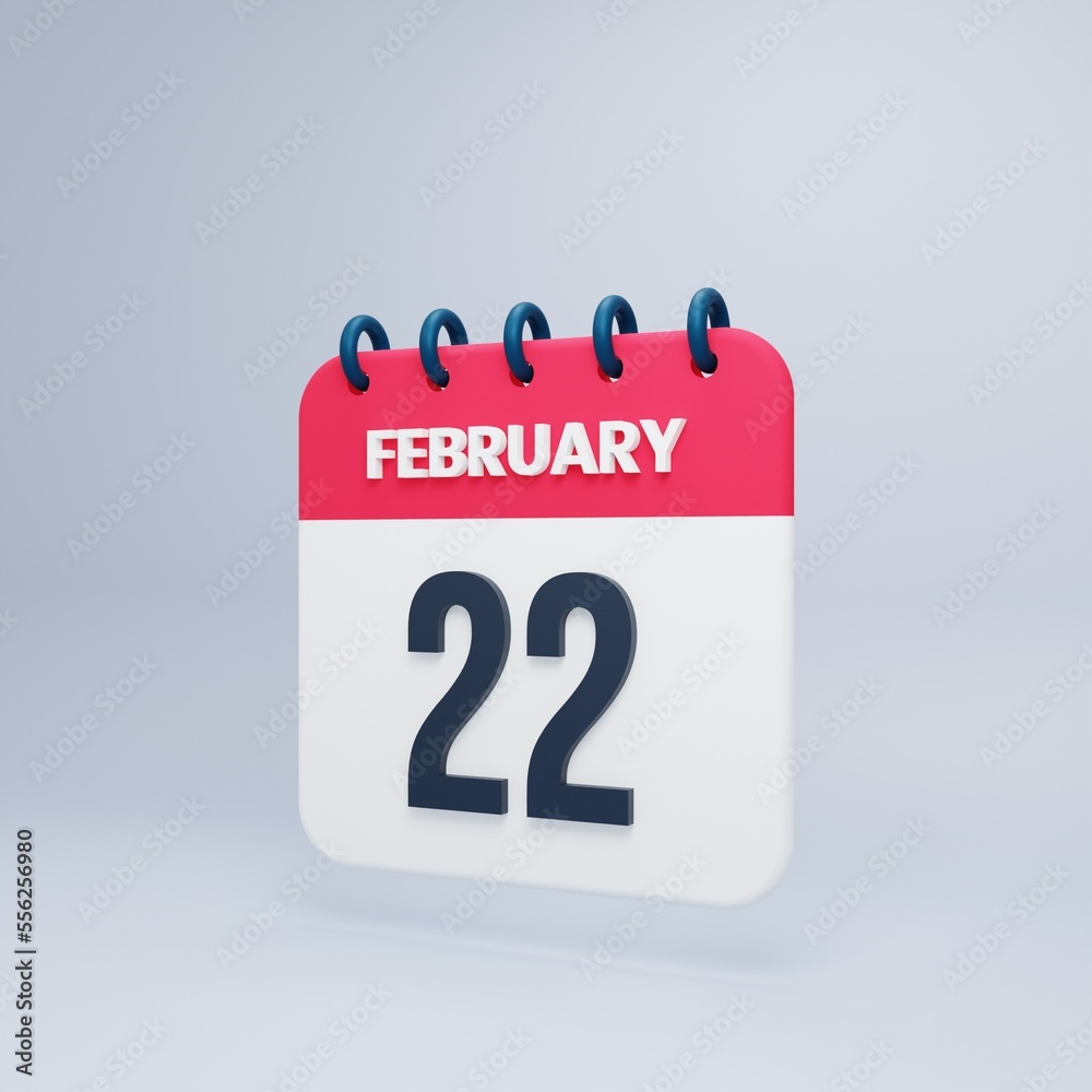 February Realistic Calendar Icon 3D Illustration Date February 22 February Realistic Calendar Icon 3D Illustration Date February 22